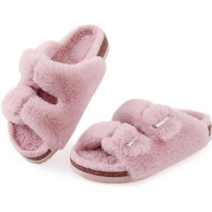 Kidmi Fuzzy Slippers With Cork Footbed Fluffy Sides. Adjustable Buckle Size 5/6